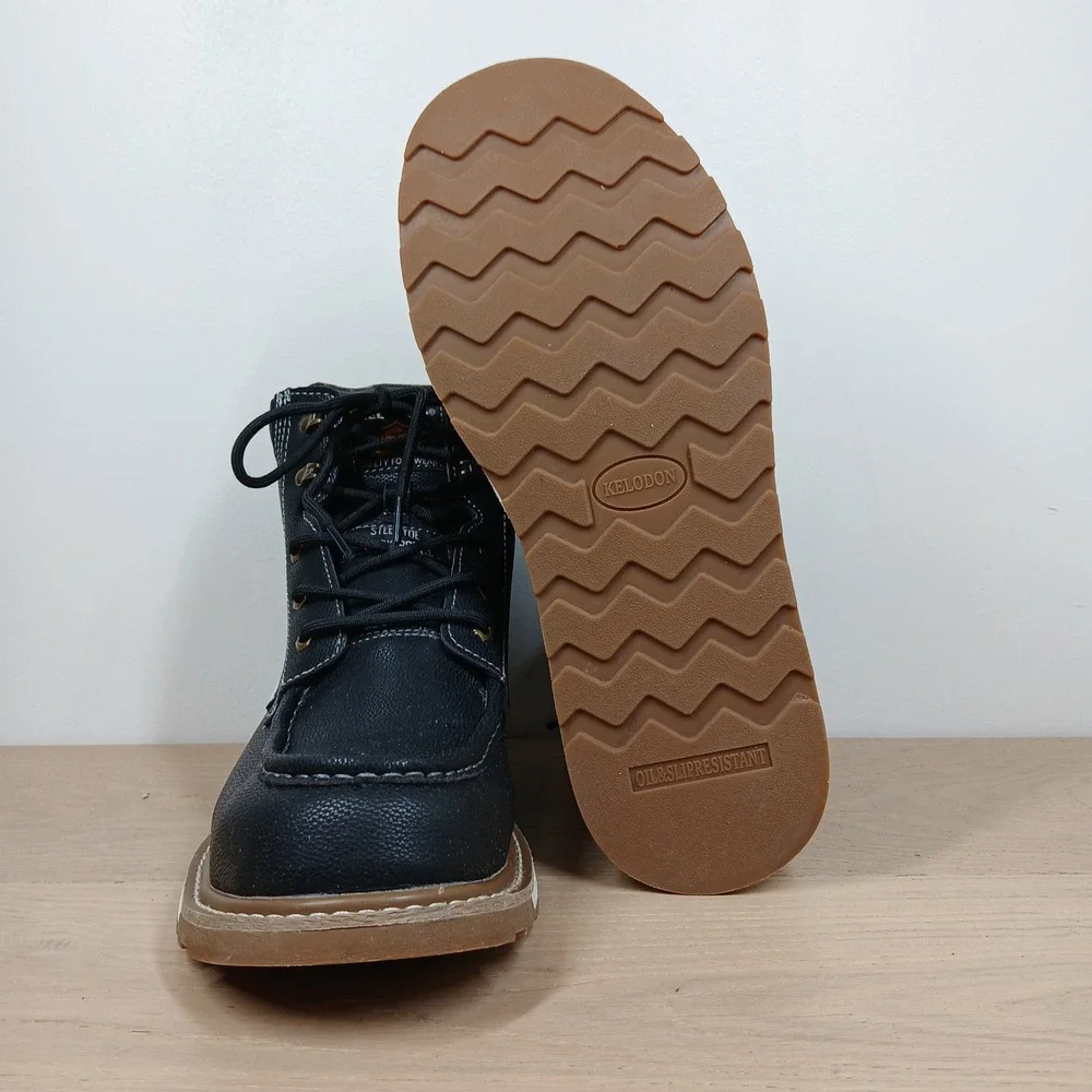 Kelodon Work Boots Mens 10 Black Leather Waterproof Moc Toe Wedge Utility